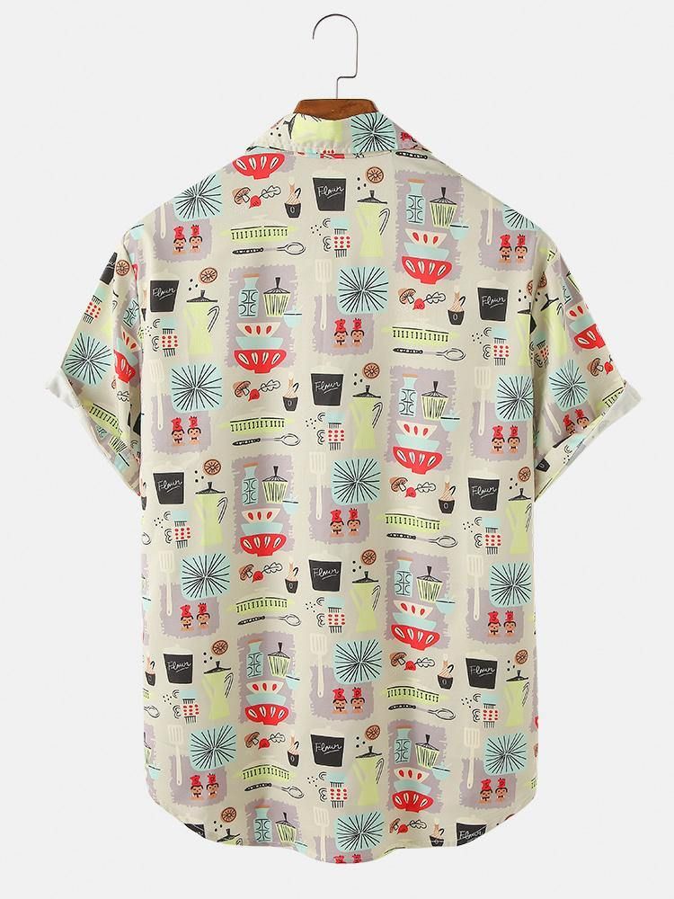 Heren Cartoon Container Print Turn-down Kraag Shirts Met Korte Mouwen