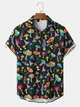 Heren Cartoon Kleurrijk Paddestoel Print Revers Shirt Met Korte Mouwen