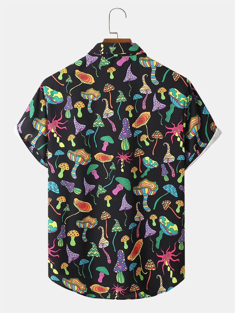 Heren Cartoon Kleurrijk Paddestoel Print Revers Shirt Met Korte Mouwen