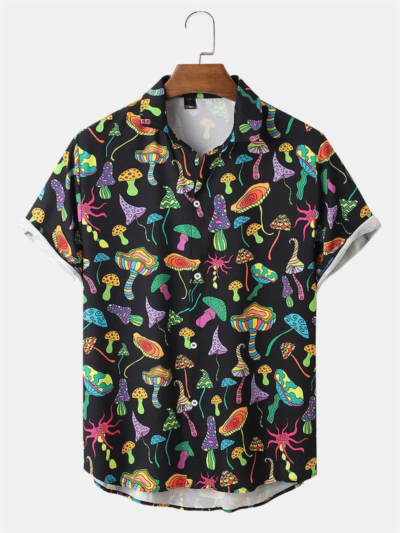 Heren Cartoon Kleurrijk Paddestoel Print Revers Shirt Met Korte Mouwen