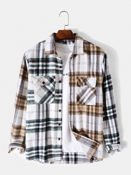 Heren Color Block Contrast Double Pockets Button Revers Plaid Shirts