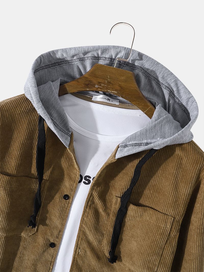 Heren Corduroy Borstzakken Knopen Met Trekkoord Hooded Shirts