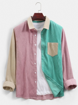 Heren Corduroy Colorblock Patchwork Casual Shirts Met Lange Mouwen Met Zak