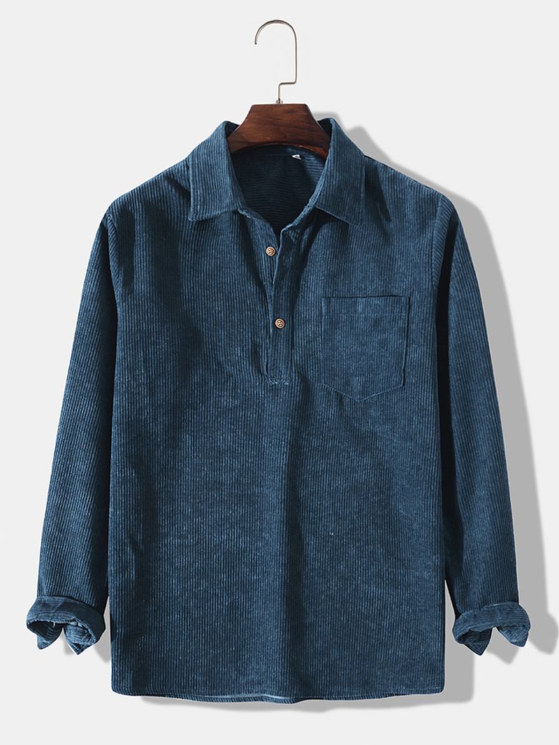 Heren Corduroy Effen Pullover Half Button Pocket Casual Shirts