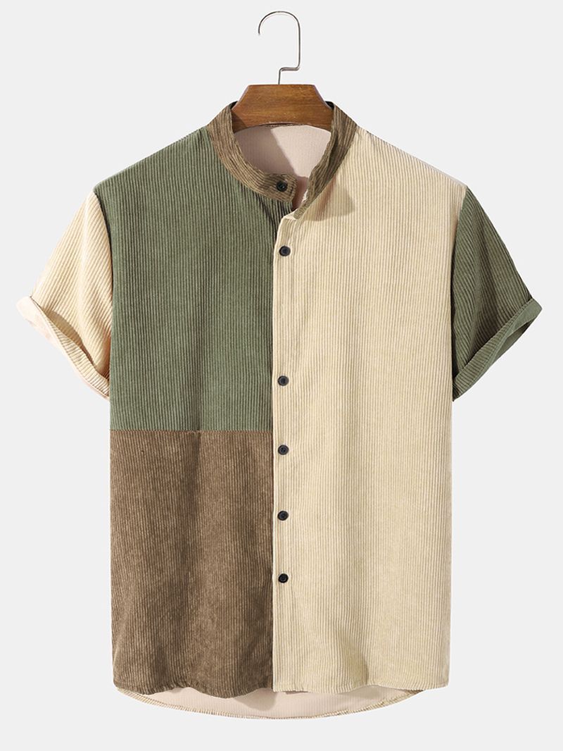 Heren Corduroy Kleurblok Paneel Patchwork Opa Kraag Shirts