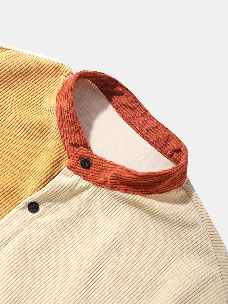 Heren Corduroy Kleurblok Paneel Patchwork Opa Kraag Shirts