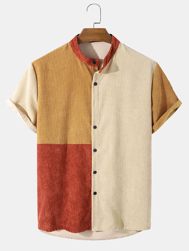 Heren Corduroy Kleurblok Paneel Patchwork Opa Kraag Shirts