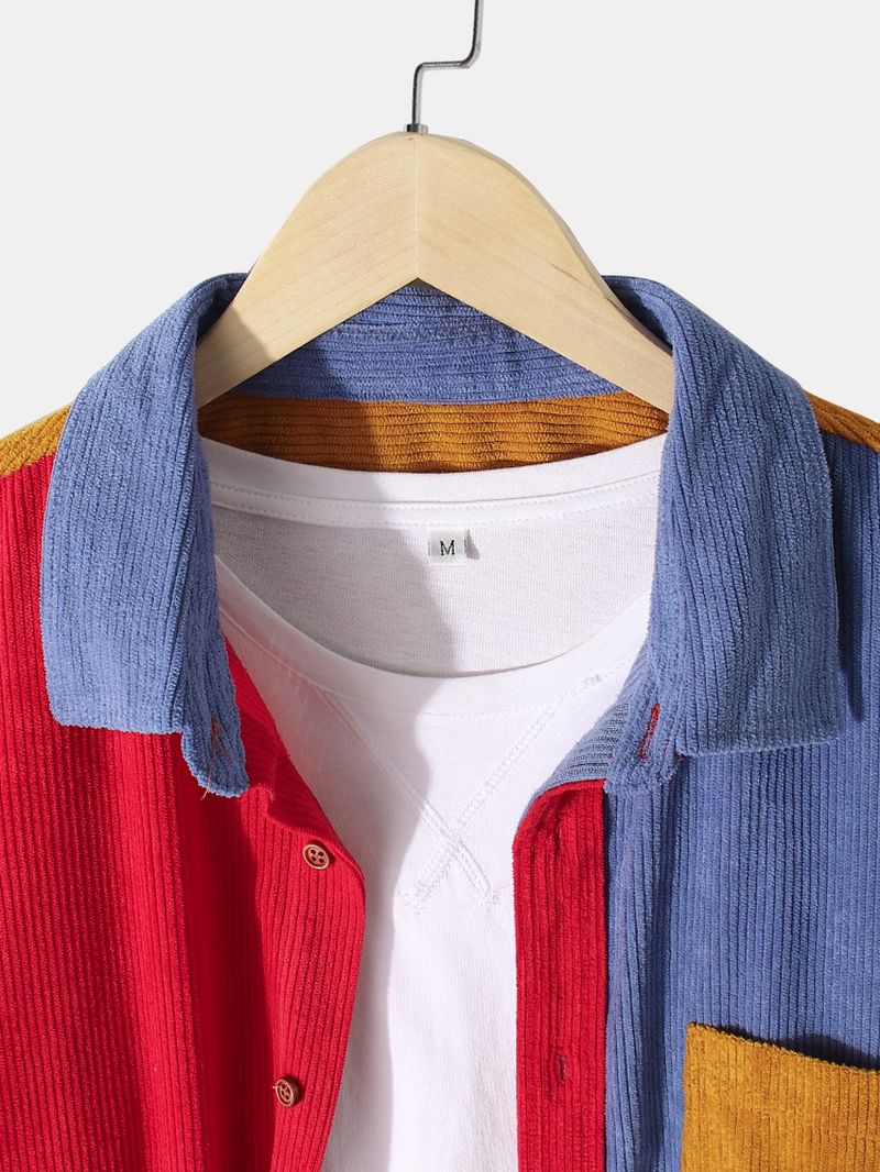 Heren Corduroy Patchwork Borstzak Revers Casual Shirts Met Lange Mouwen