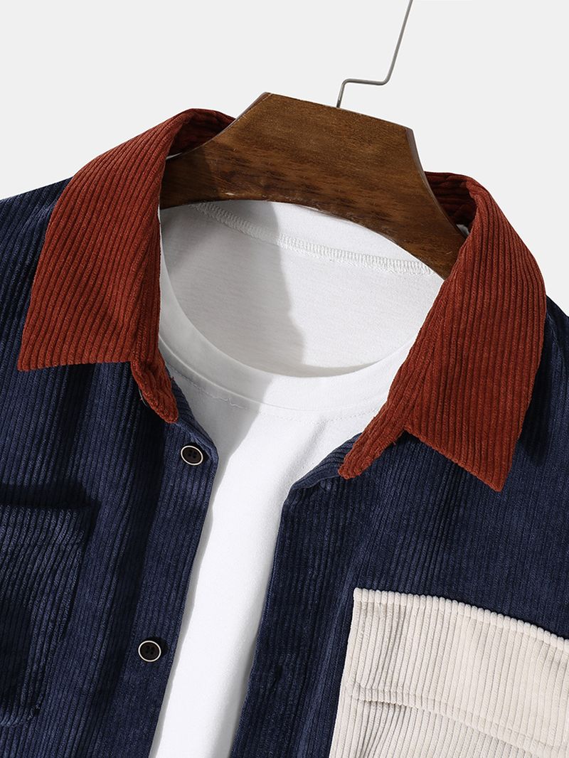 Heren Corduroy Splicing Pocket Kleurblok Casual Shirt