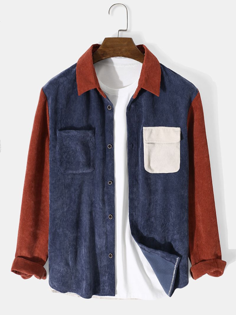 Heren Corduroy Splicing Pocket Kleurblok Casual Shirt