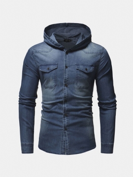 Heren Denim Borstzak Katoen Casual Overhemd Met Capuchon