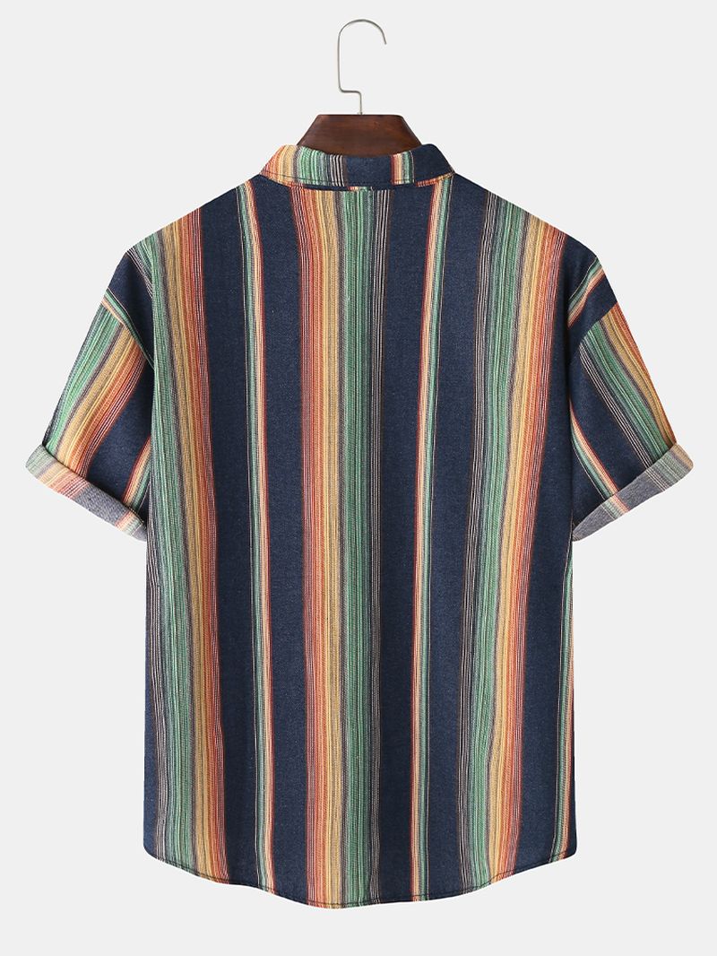 Heren Designer Gradiënt Kleurrijke Streep Dubbele Zakken Korte Mouw Casual Shirts