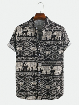 Heren Etnische Olifant Bedrukte Casual Shirts Met Korte Mouwen