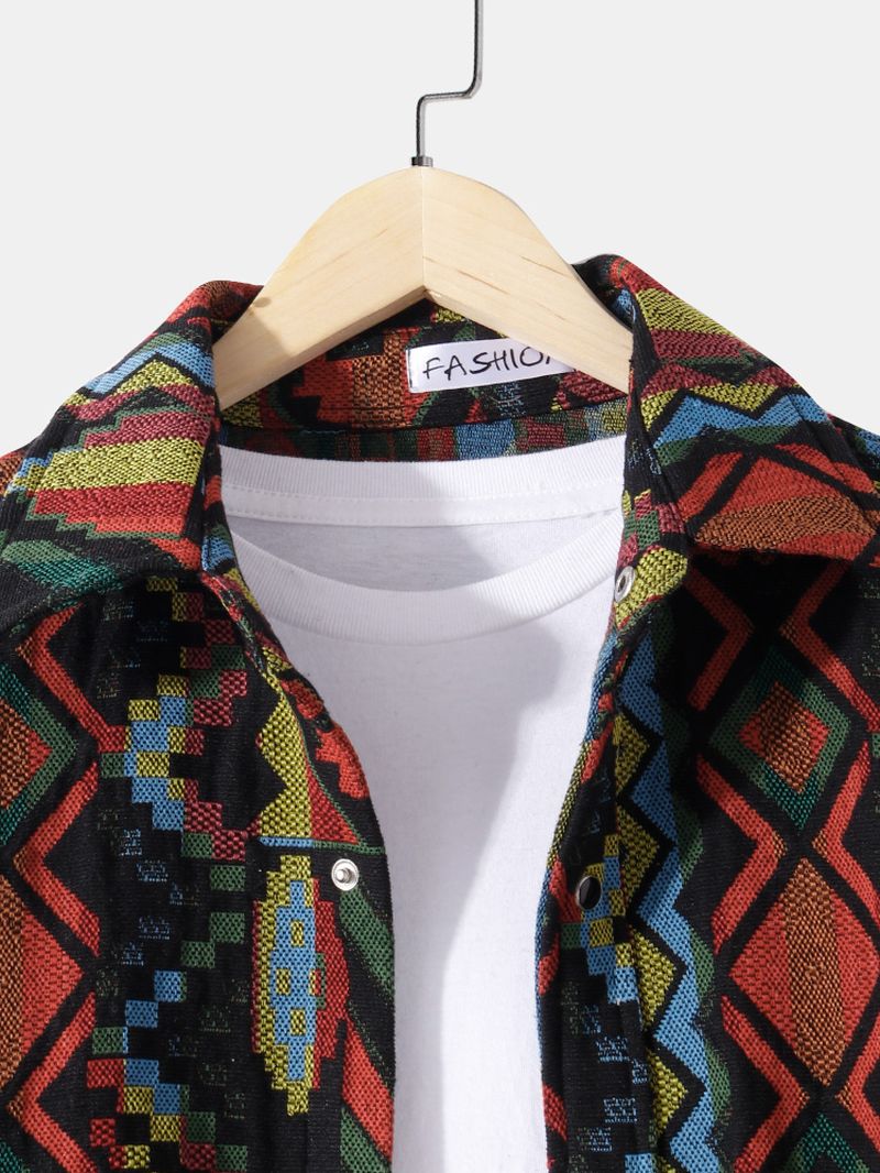 Heren Etnische Stijl Grafische Revers Katoenen Vintage Shirts Met Lange Mouwen