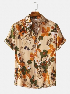 Heren Katoenen Bloemen Olie Bedrukking Turn-down Kraag Korte Mouw Shirts