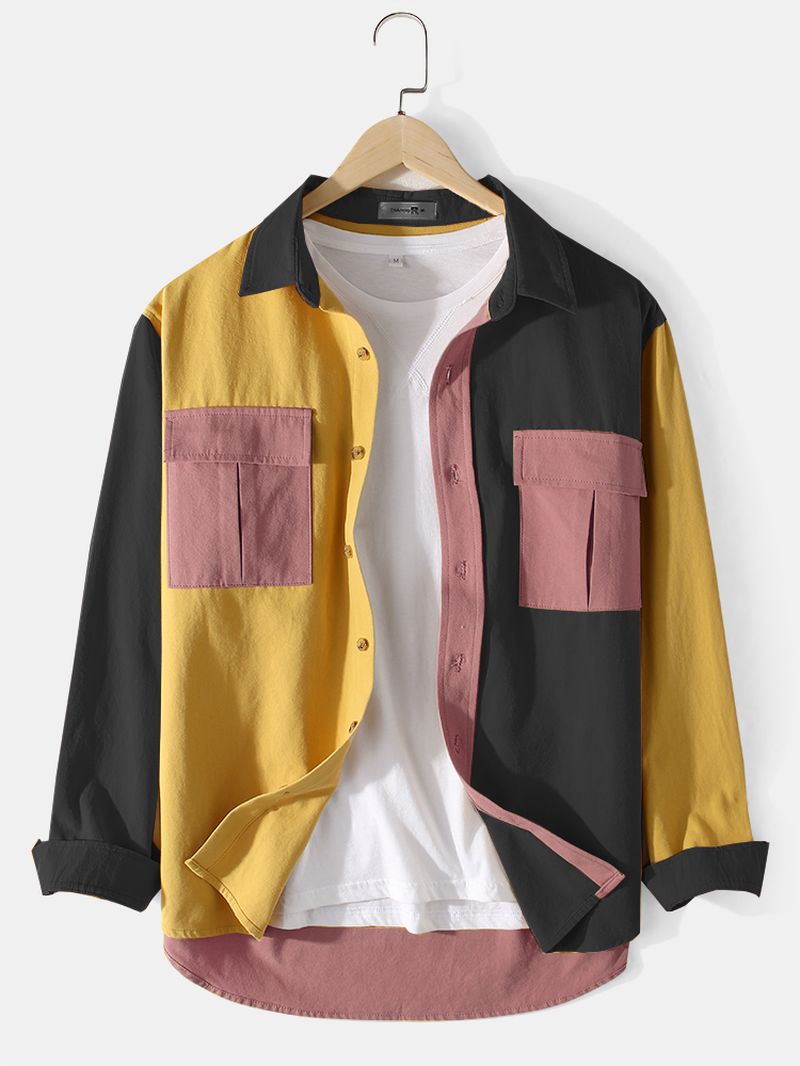 Heren Katoenen Colorblock Patchwork Overhemden In Cargo-stijl Met Klepzakken