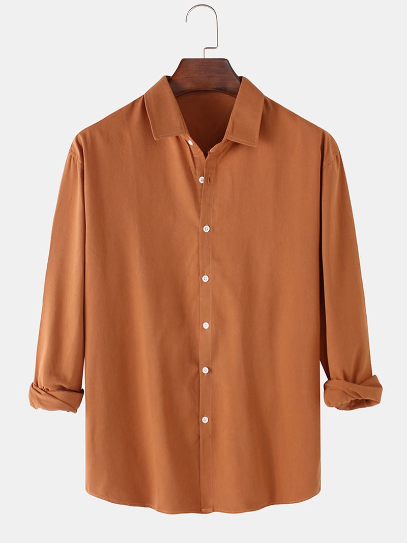 Heren Katoenen Effen Kleur Basic Revers Regular Fit Button-up Shirts Met Lange Mouwen