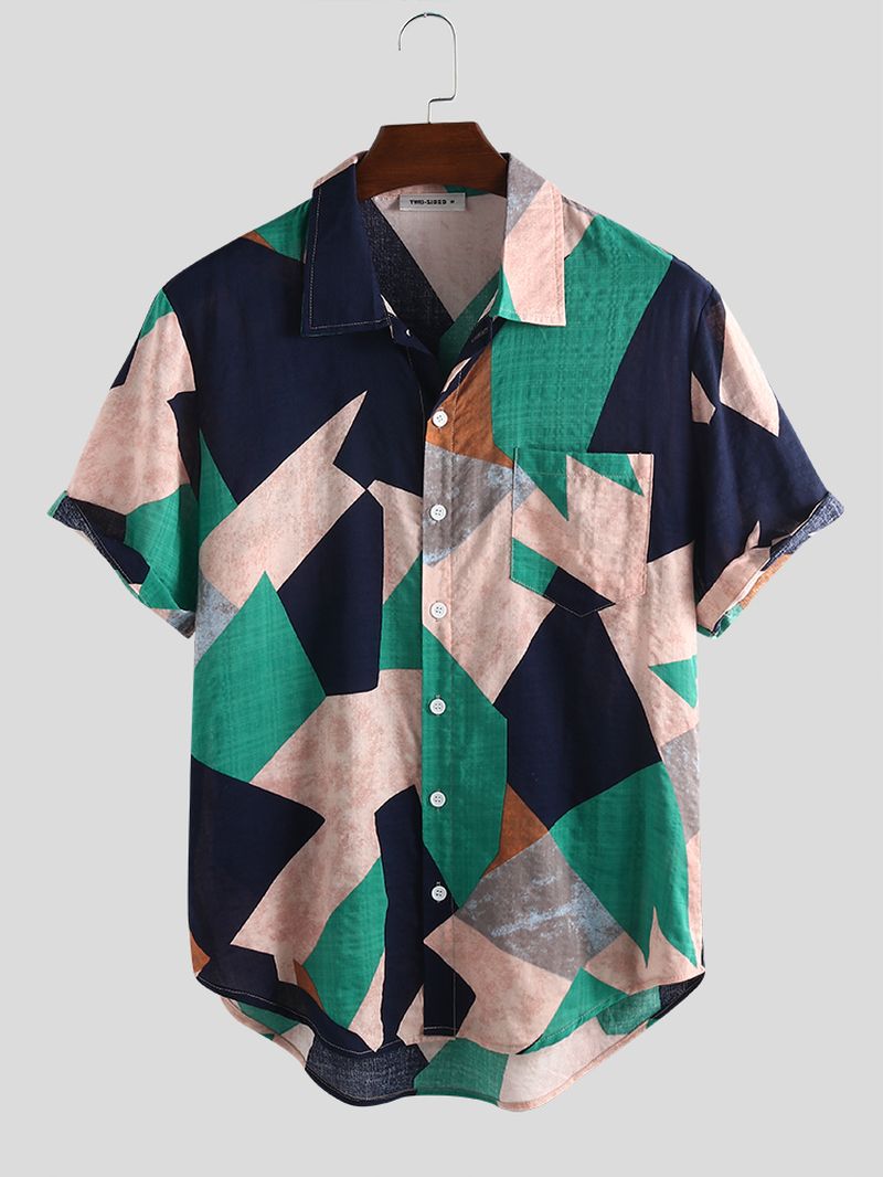 Heren Katoenen Onregelmatige Geometrische Print Kleurblok Patch Zak Casual Shirts