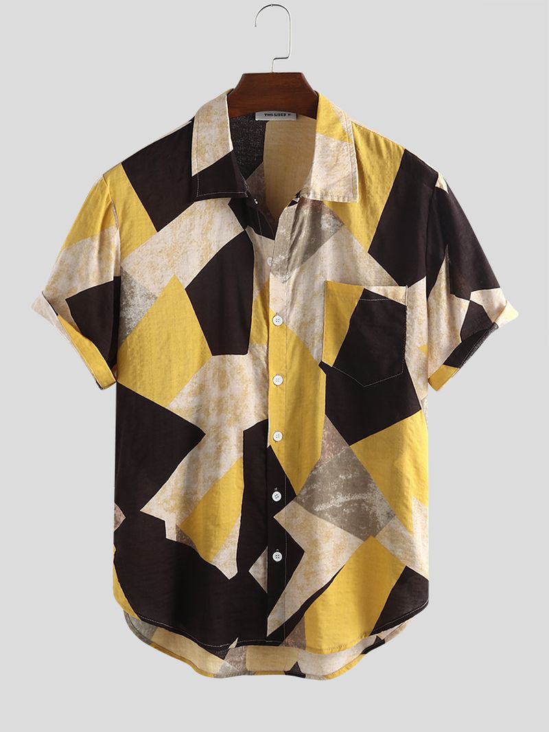 Heren Katoenen Onregelmatige Geometrische Print Kleurblok Patch Zak Casual Shirts