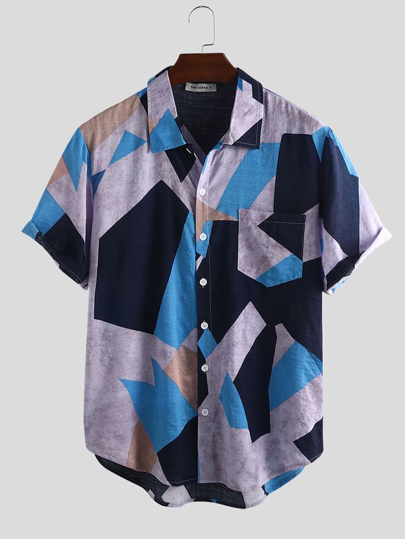 Heren Katoenen Onregelmatige Geometrische Print Kleurblok Patch Zak Casual Shirts