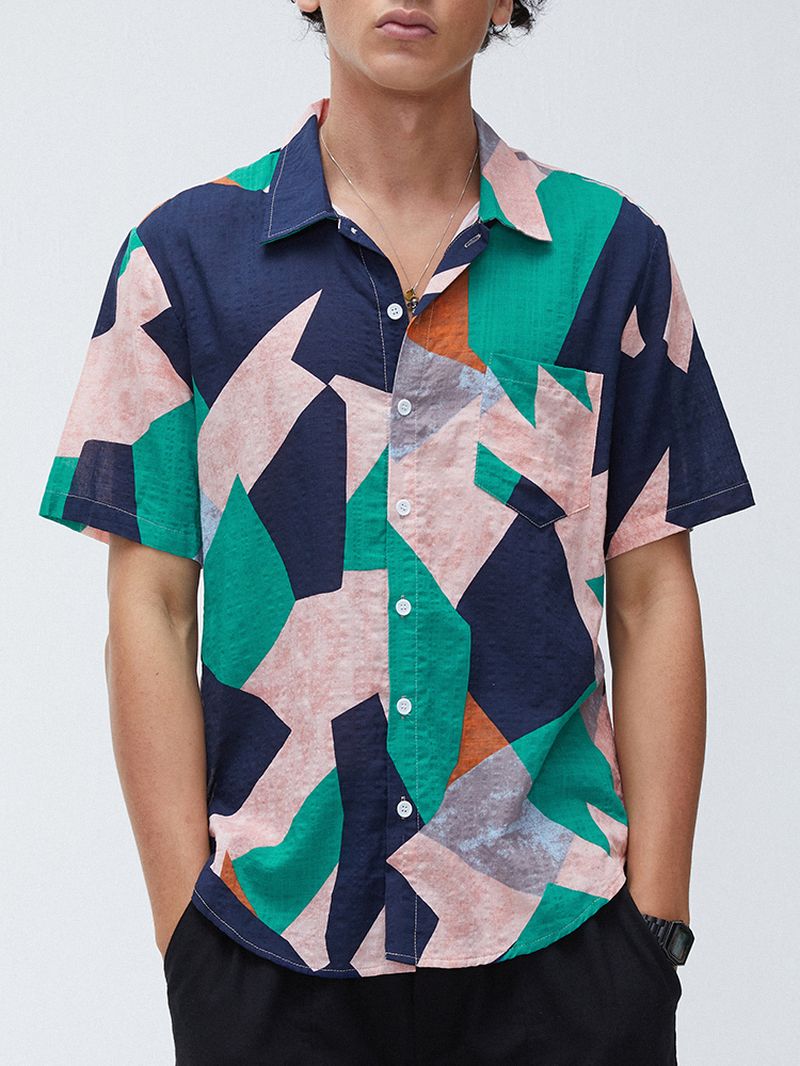 Heren Katoenen Onregelmatige Geometrische Print Kleurblok Patch Zak Casual Shirts