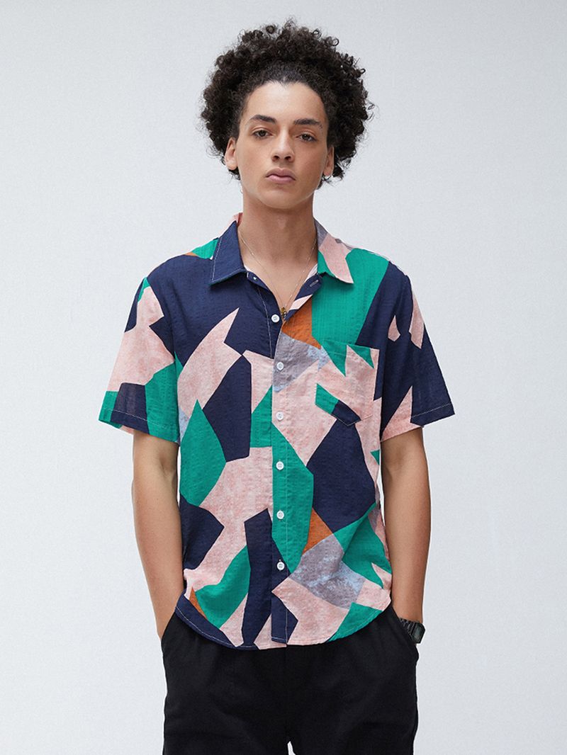 Heren Katoenen Onregelmatige Geometrische Print Kleurblok Patch Zak Casual Shirts