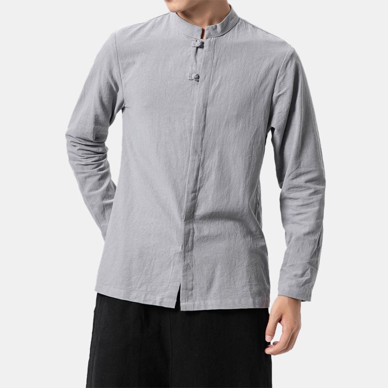 Heren Katoenen Opstaande Kraag Pure Kleur Casual Shirts