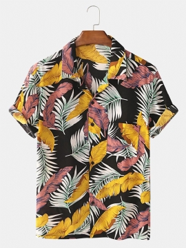 Heren Kleurrijke Tropische Plant Bladeren Print Borstzak Vakantie Strand Shirts Met Korte Mouwen