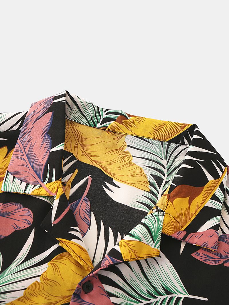 Heren Kleurrijke Tropische Plant Bladeren Print Borstzak Vakantie Strand Shirts Met Korte Mouwen