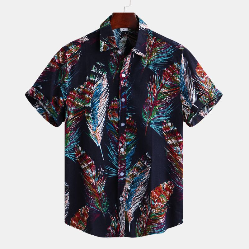 Heren Kleurrijke Veren Printign Zomer Bedrukte Hawaiiaanse Shirts