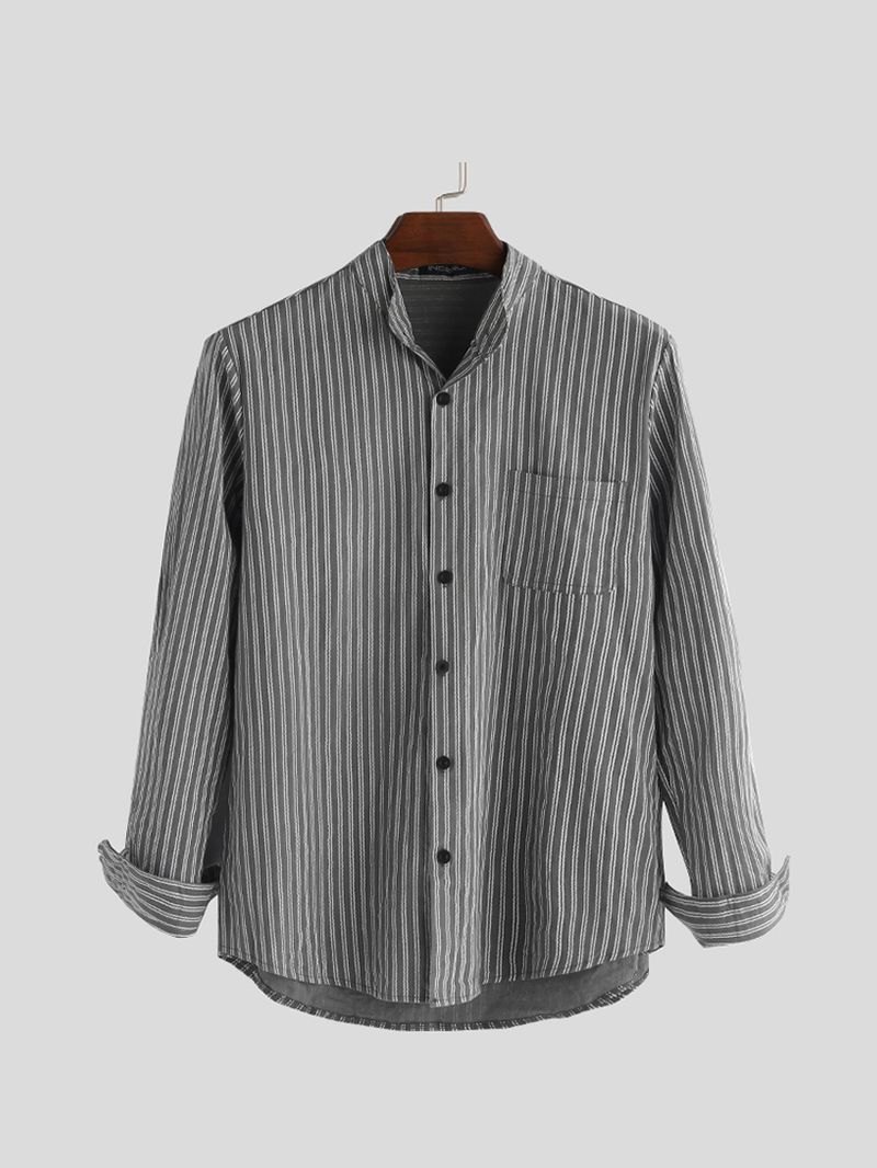 Heren Kraagloze Shirts Vintage Gestreept Shirt Grandad Button-down Linnen Losse Top