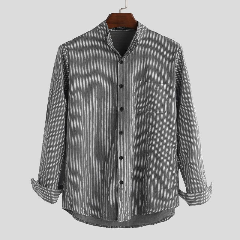 Heren Kraagloze Shirts Vintage Gestreept Shirt Grandad Button-down Linnen Losse Top