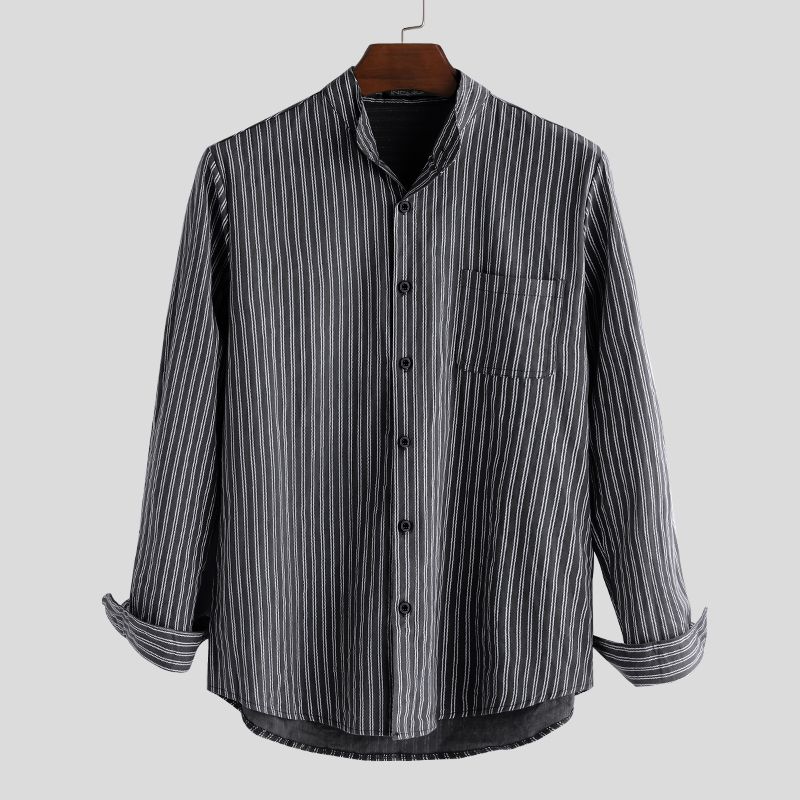 Heren Kraagloze Shirts Vintage Gestreept Shirt Grandad Button-down Linnen Losse Top