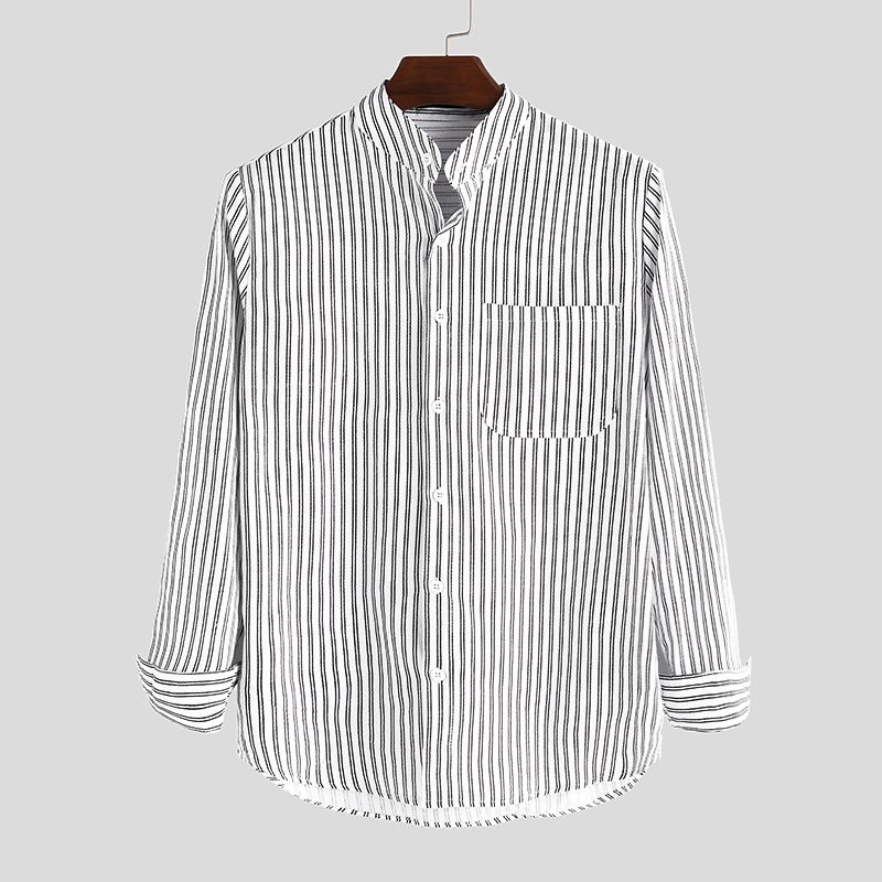 Heren Kraagloze Shirts Vintage Gestreept Shirt Grandad Button-down Linnen Losse Top