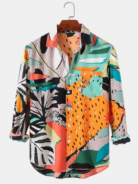 Heren Leaf & Mixed Print High Low Zoom Long Sleeve Shirts Met Pocket