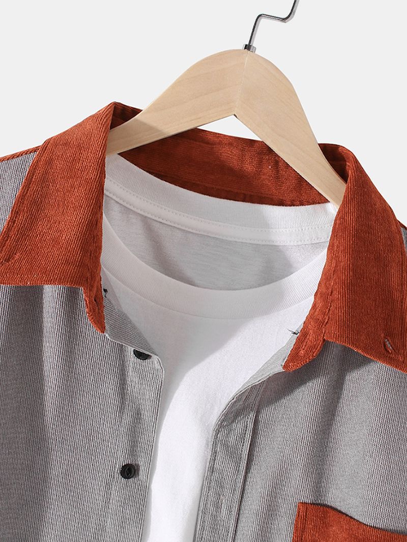 Heren Patchwork Corduroy Kleurblok Revers Shirts Met Lange Mouwen