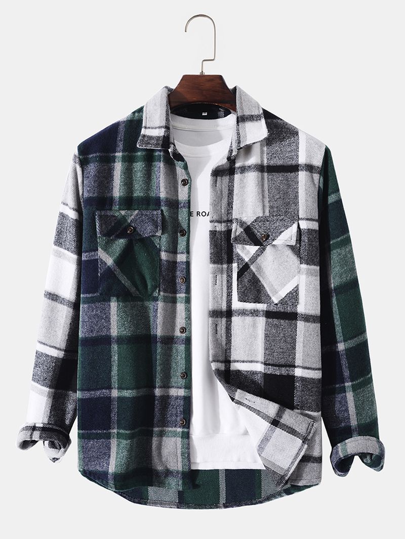 Heren Patchwork Geruite Borstzakken Knoop Revers Casual Shirt