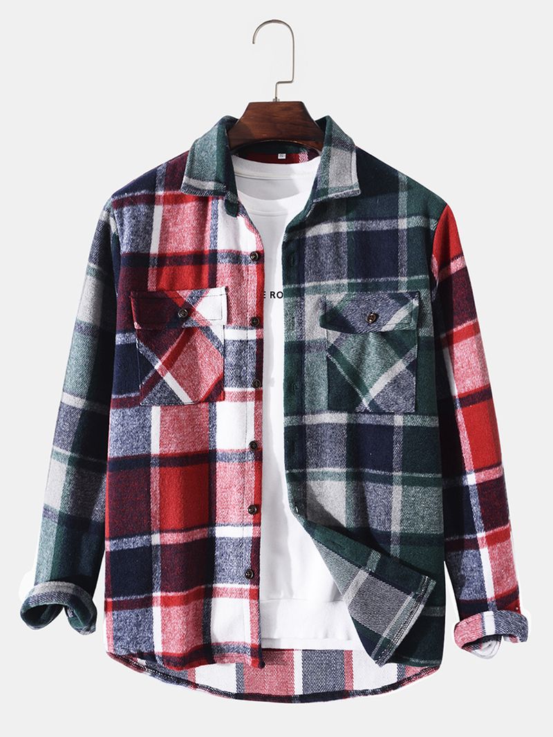 Heren Patchwork Geruite Borstzakken Knoop Revers Casual Shirt