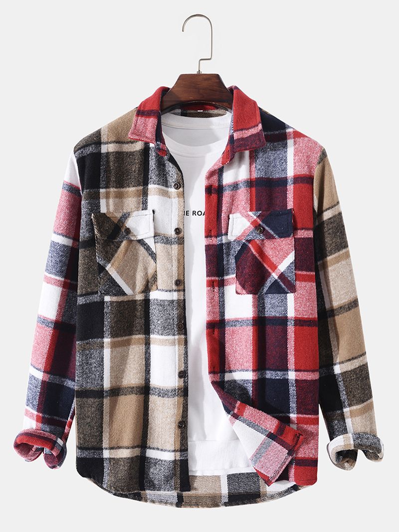 Heren Patchwork Geruite Borstzakken Knoop Revers Casual Shirt