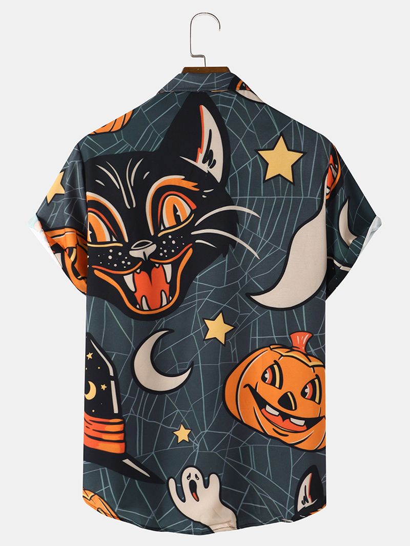 Heren Pumpkin Full Printed Kat Casual Shirt Met Korte Mouwen