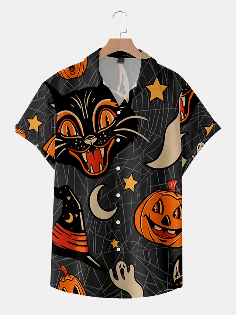 Heren Pumpkin Full Printed Kat Casual Shirt Met Korte Mouwen