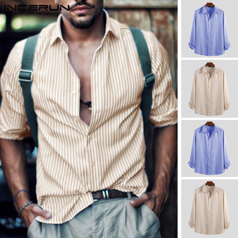 Heren Retro Gestreepte Shirts Met Lange Mouwen Revers Herfst Losse Casual Ademende Tops