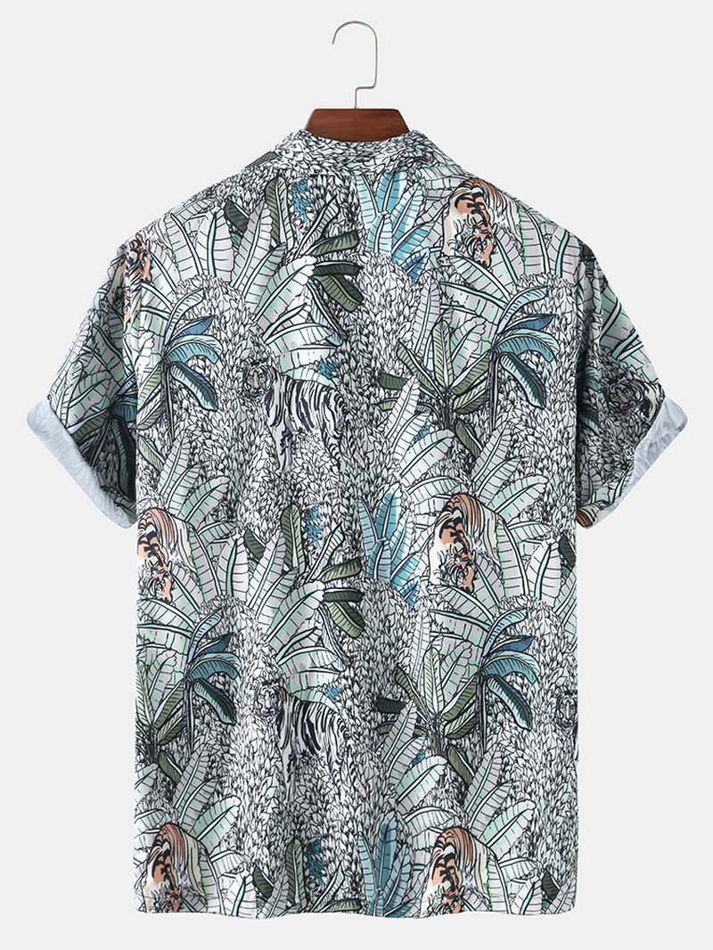 Heren Tropische Bladeren Print Hawaii Casual Shirts Met Korte Mouwen