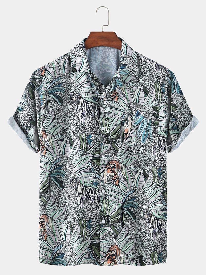 Heren Tropische Bladeren Print Hawaii Casual Shirts Met Korte Mouwen