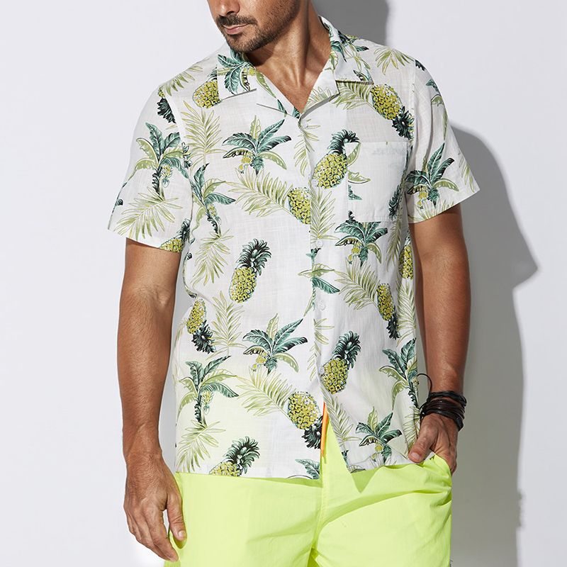 Heren Tropische Planten Bedrukte Hawaiiaanse Shirts Met Korte Mouwen