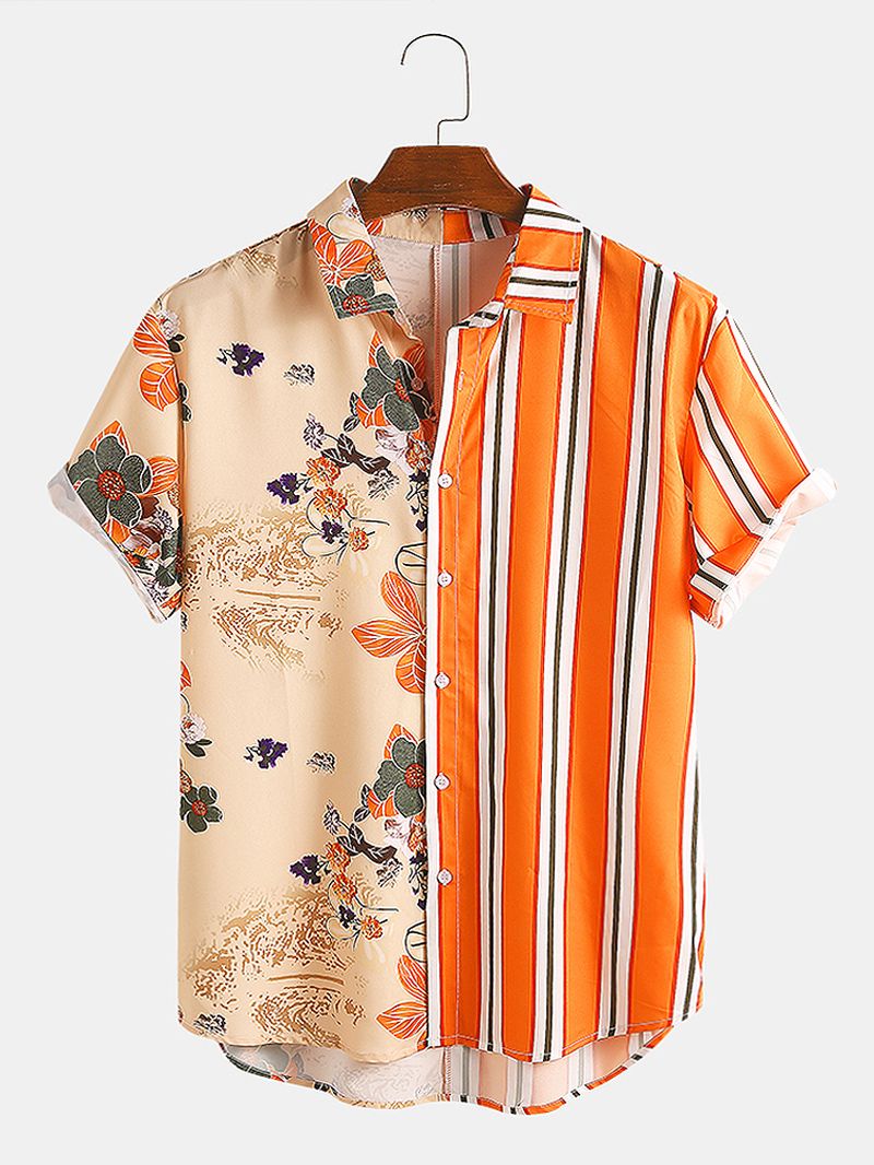 Heren Tropische Planten Kleurrijke Strepen Gemengde Print Korte Mouw Casual Vakantie Shirts