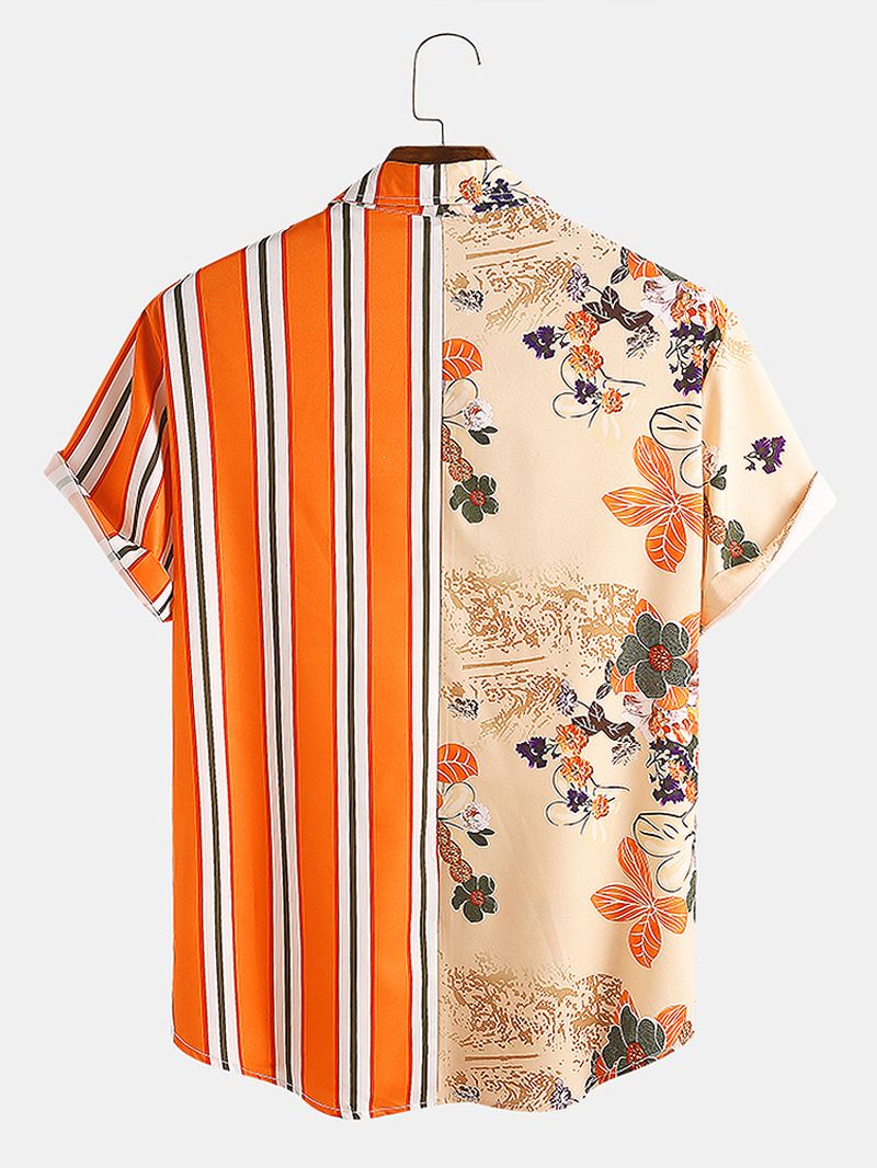 Heren Tropische Planten Kleurrijke Strepen Gemengde Print Korte Mouw Casual Vakantie Shirts