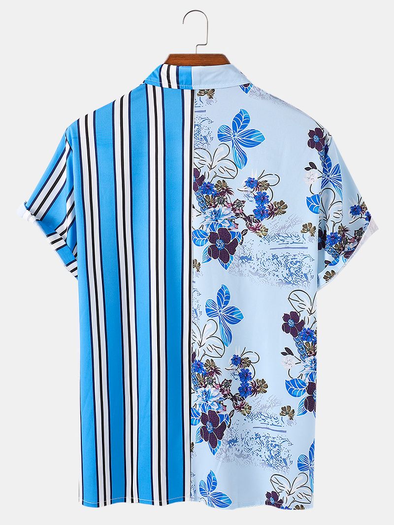 Heren Tropische Planten Kleurrijke Strepen Gemengde Print Korte Mouw Casual Vakantie Shirts