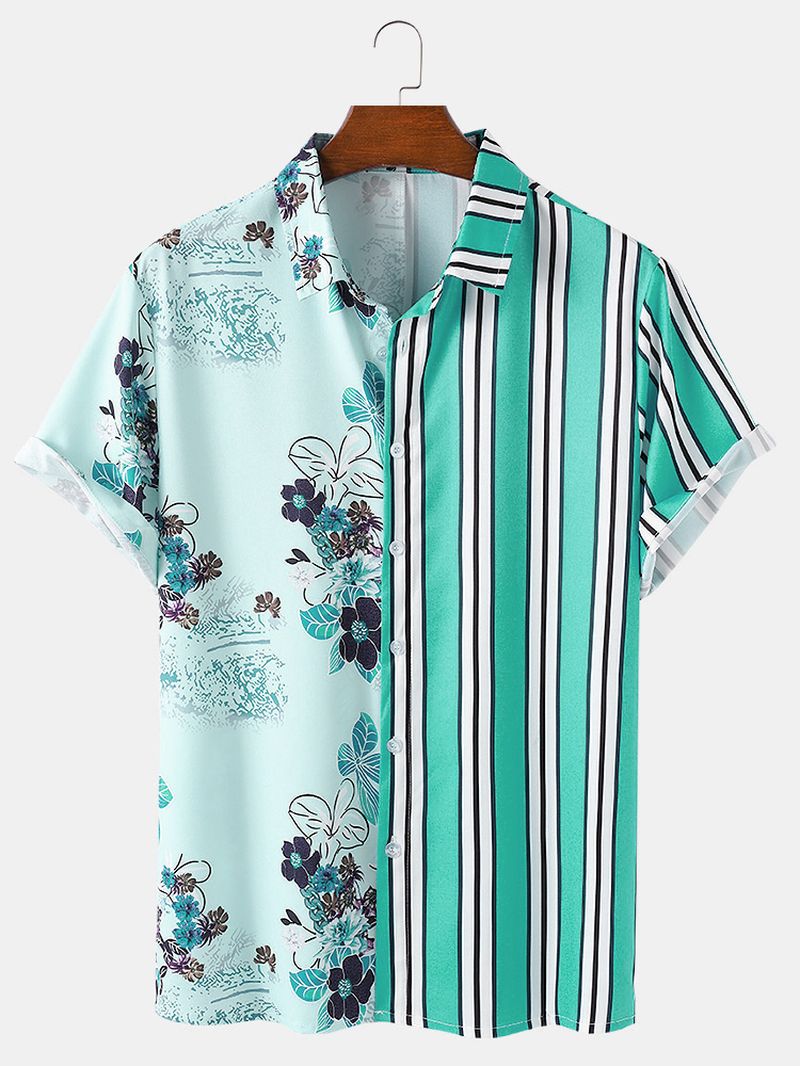 Heren Tropische Planten Kleurrijke Strepen Gemengde Print Korte Mouw Casual Vakantie Shirts