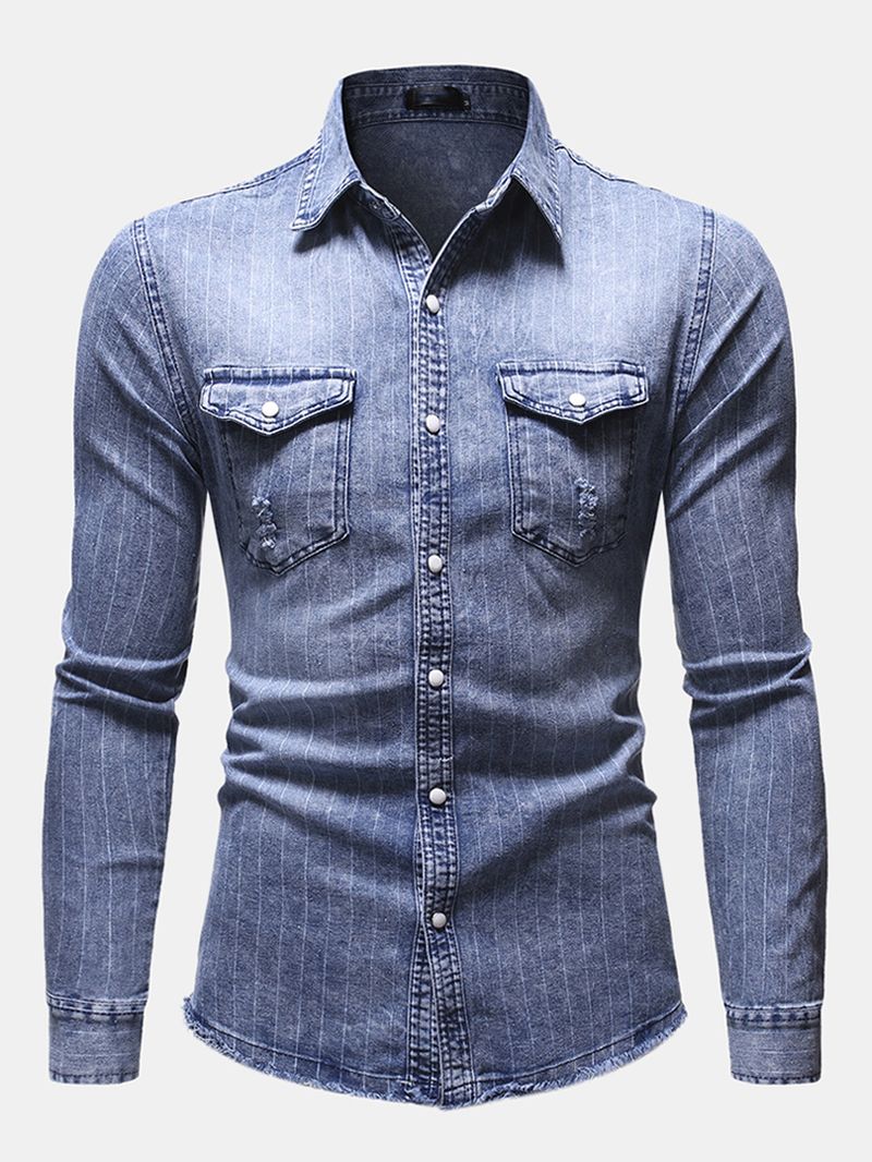 Heren Vintage Gestreepte Dubbele Zakken Denim Casual Shirts Met Lange Mouwen